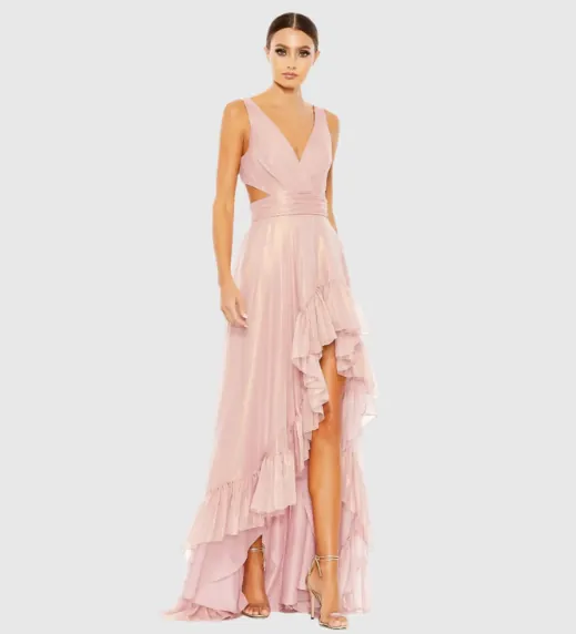 Pink Cut Out High Low Ruffle Gown